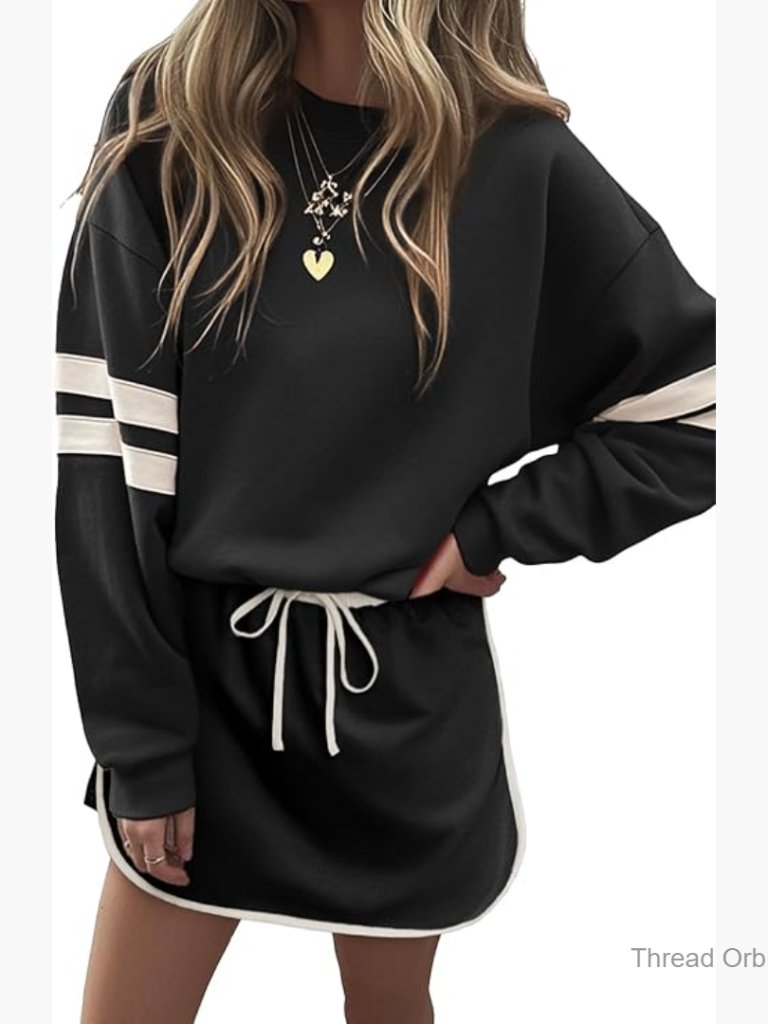 Long Sleeve Pullover Mini Skirt Set, Sporty Two Piece, Medium Stretch